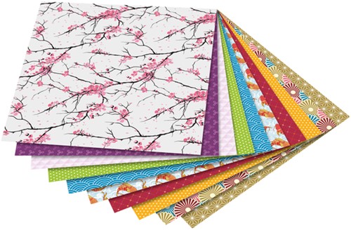 Vouwblaadjes Folia 80gr 15x15cm 50 vel 2-zijdig Japan 10 designs assorti kleuren-2