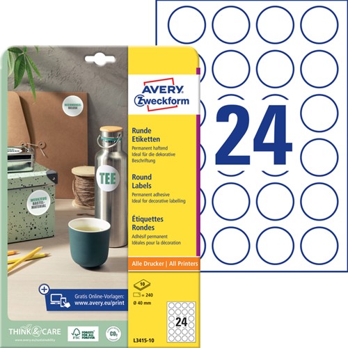 Etiket Avery Zweckform L3415-10 rond 40mm wit 240stuks-2