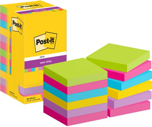 Memoblok Post-it 654 Super Sticky 76x76mm 90 vel rainbow 12 stuks