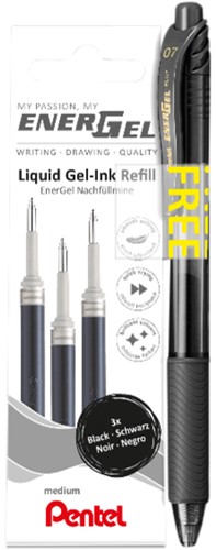 Gelschrijvervulling Pentel LR7 Energel met gratis gelpen medium zwart blister à 3 stuks