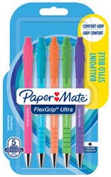 Balpen Paper Mate Flexgrip drukknop Bright fun medium schrijfkleur zwart blister à 5 stuks
