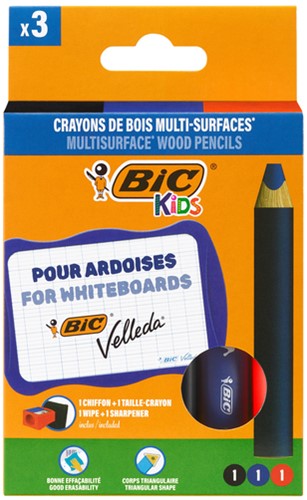 Whiteboardpotlood BicKids Multi Surface inclusief puntenslijper en doekje assorti pak à 3 stuks