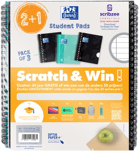 Collegeblok Oxford School A5+ lijn 17-gaats 160 pagina's 80gr scratch&win assorti