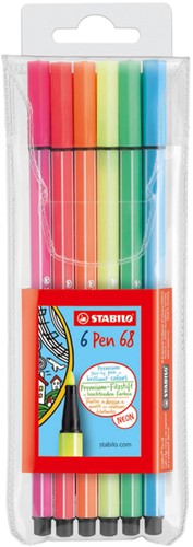 Viltstift STABILO Pen 68 medium fluor assorti etui à 6 stuks