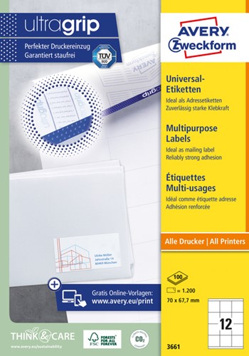 Etiket Avery Zweckform 3661 70x67.7mm wit 1200stuks
