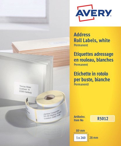 Etiket Avery R5012 thermisch 89x28mm wit 260stuks