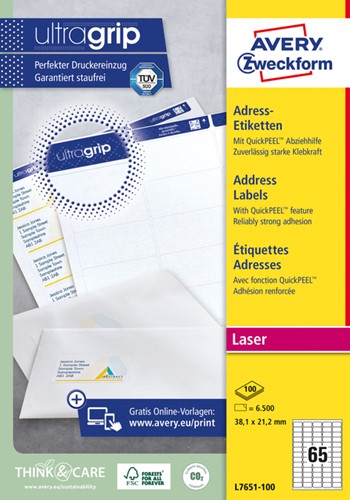 Etiket Avery L7651-100 38.1x21.2mm wit 6500stuks