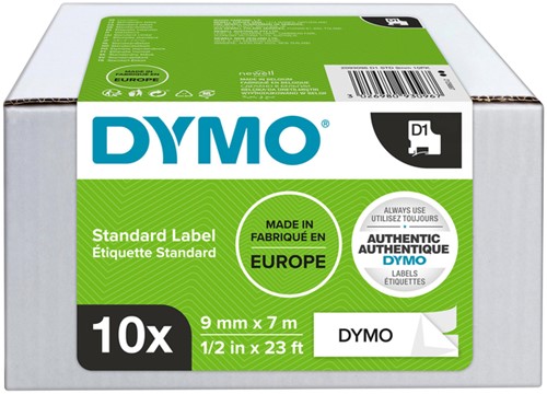 Labeltape Dymo 41913 D1 9mmx7m zwart op wit 10rol