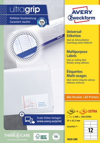 Etiket Avery Zweckform 3659-200 97x42.3mm wit 2400stuks