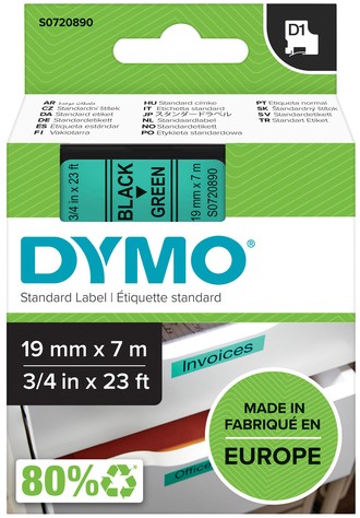 Labeltape Dymo 45809 D1 720890 19mmx7m zwart op groen