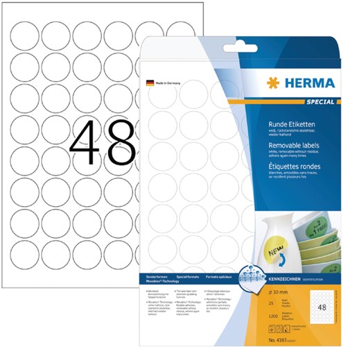 Etiket HERMA 4387 rond 30mm verwijderbaar wit 1200stuks