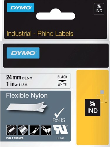 Labeltape Dymo Rhino industrieel nylon 24mm zwart op wit